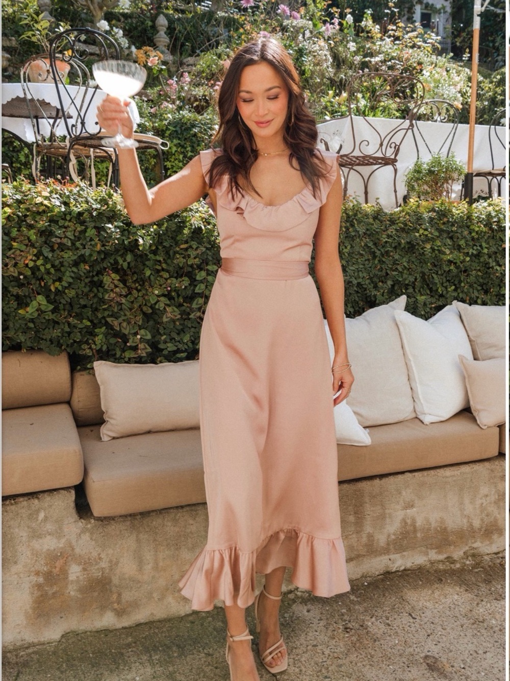 Show Me Your MuMu Alexis Ruffle-Hem Midi Dress in Blush Pink